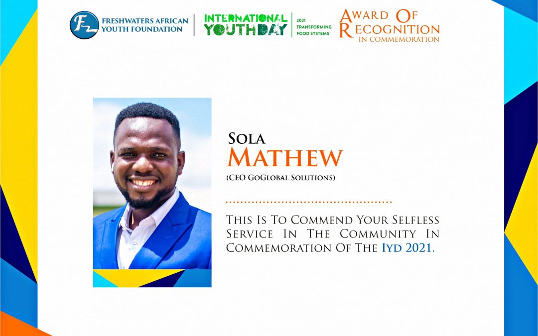 Sola Mathew Receives Award of Recognition in Commemoration of the International Youth Day 2021
